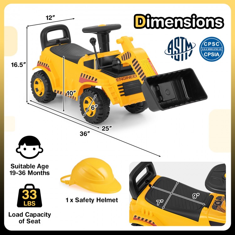 Yellow excavator digger toy with adjustable bucket, steering wheel, and supportive backrest for indoor and outdoor play.