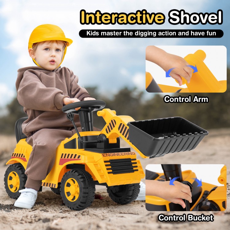 Yellow excavator digger toy with interactive shovel, adjustable bucket, and fun steering wheel for kids' outdoor play.