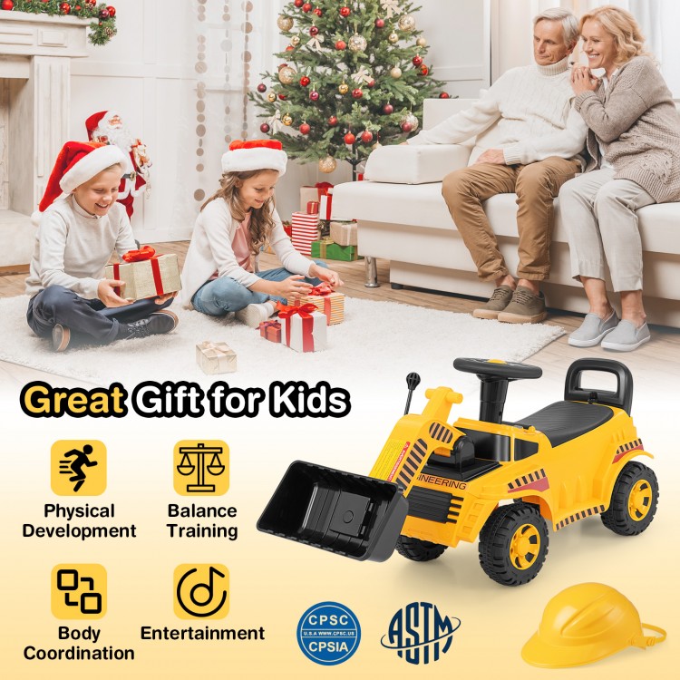 Yellow excavator digger toy with adjustable bucket, designed for physical development and indoor/outdoor fun.