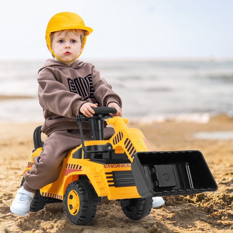 Child riding a yellow excavator digger toy with adjustable bucket, perfect for indoor and outdoor play.