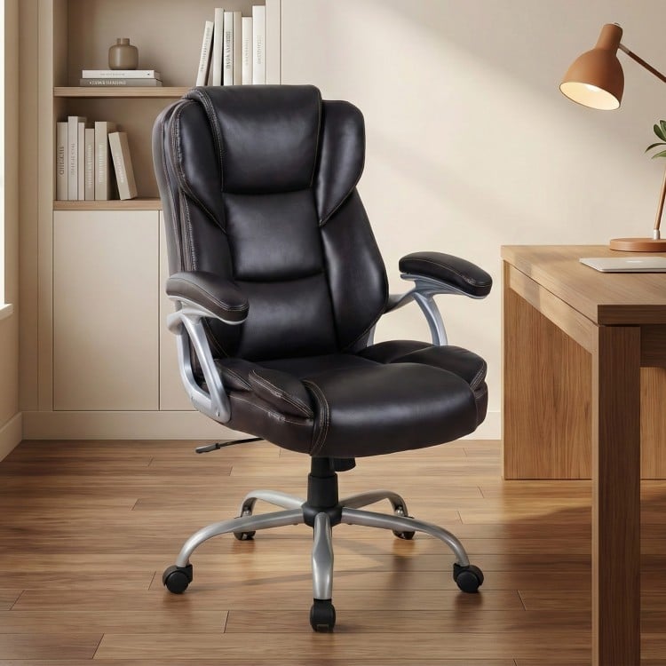 Brown ergonomic executive office chair with padded seat and armrests, featuring adjustable height and 360° swivel for.