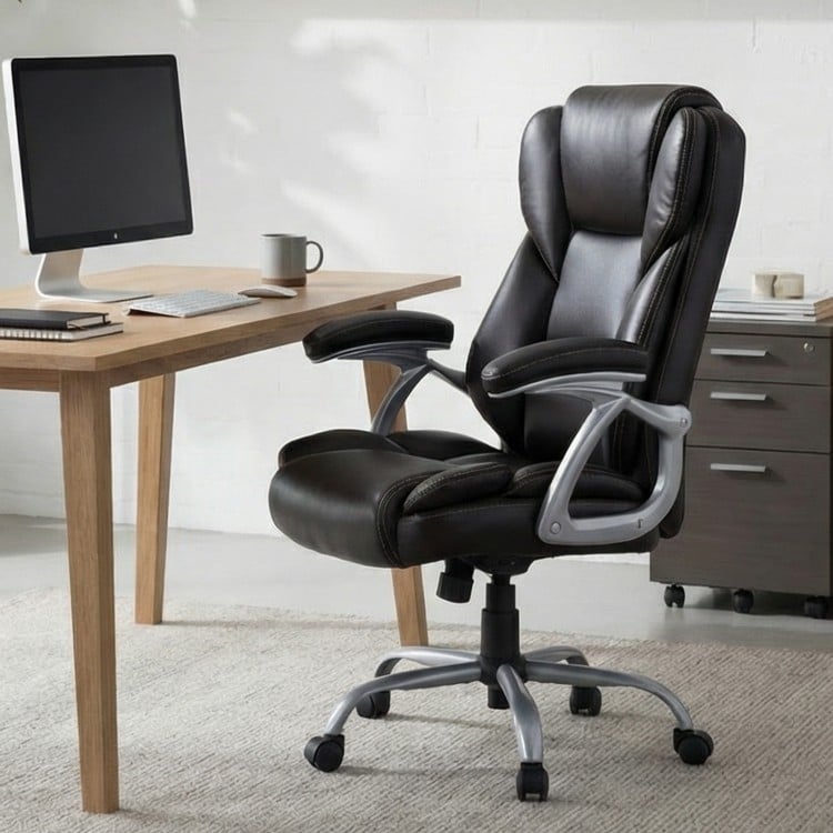 Ergonomic brown executive office chair with padded seat and armrests, adjustable height, and 360° swivel for comfort.
