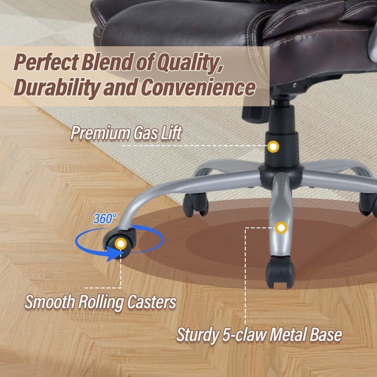 Executive office chair with brown faux leather, ergonomic design, 360° swivel, and smooth rolling casters for easy.