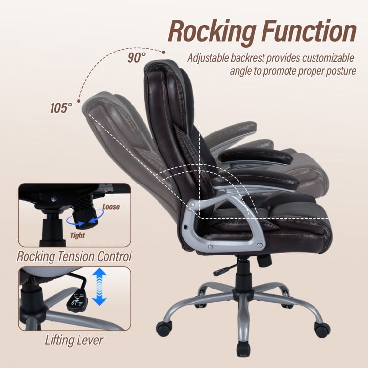 Ergonomic brown leather executive office chair with adjustable backrest and padded armrests for optimal comfort.