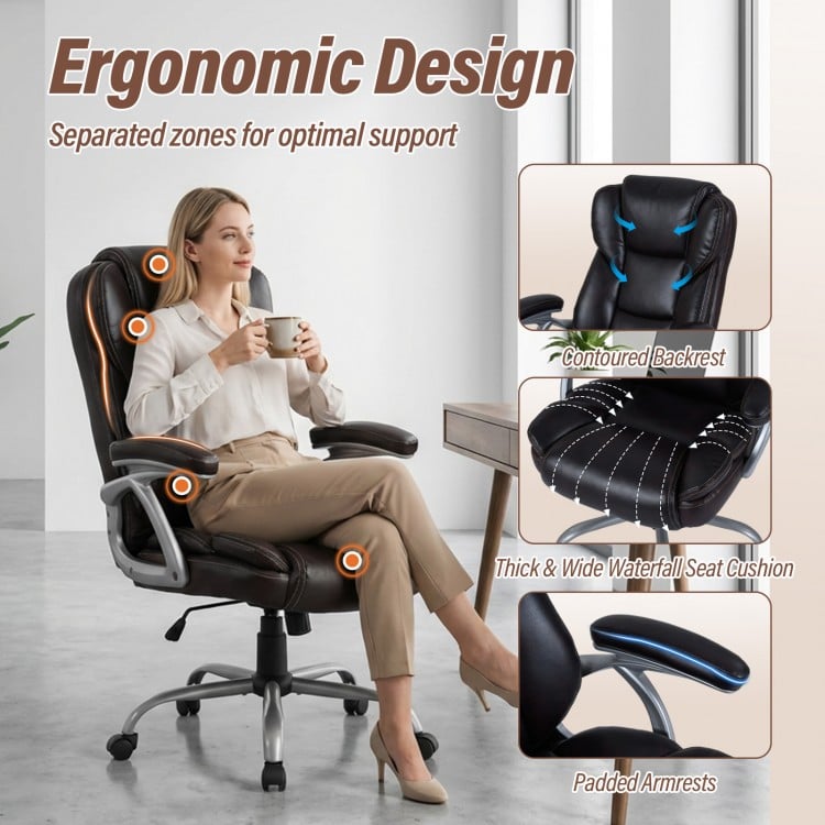 Executive office chair in brown with ergonomic design, padded seat, and armrests for optimal comfort and support.