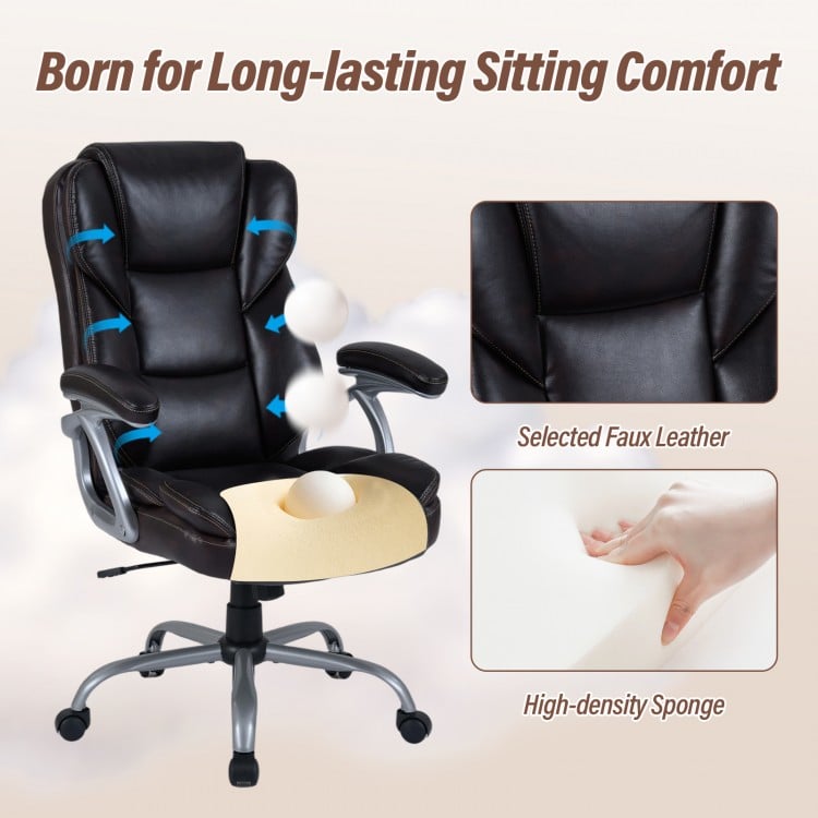 Executive office chair in brown faux leather with padded seat and armrests, designed for ergonomic comfort and support.