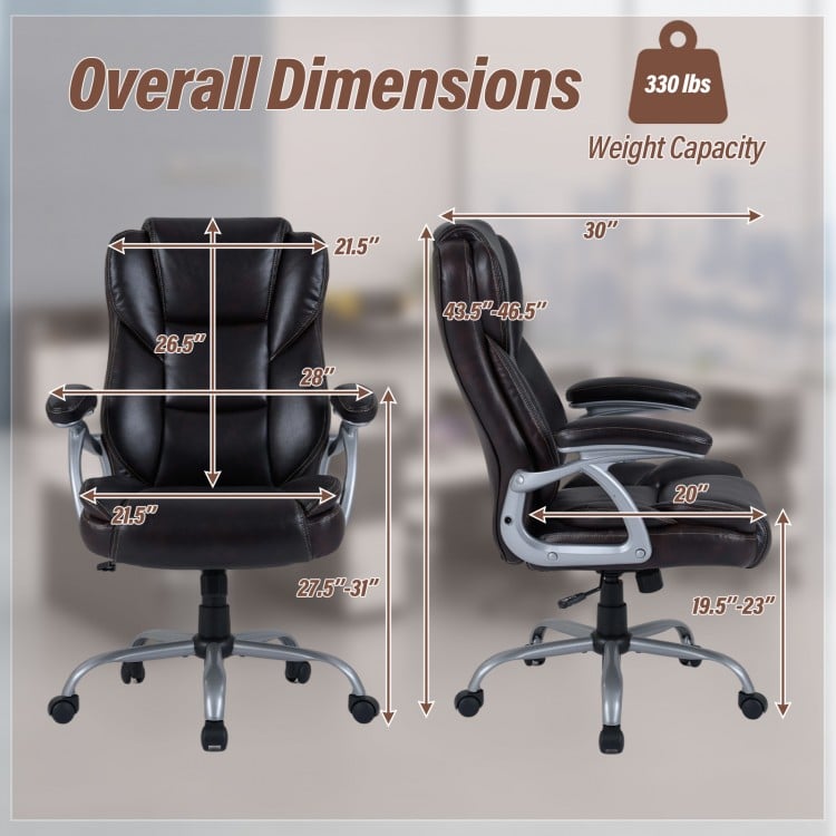 Executive office chair dimensions with ergonomic design, brown faux leather, and adjustable features for comfort.