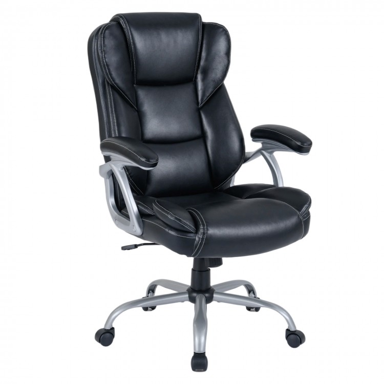 Ergonomic black leather executive office chair with padded seat, adjustable height, and 360° swivel for comfort.