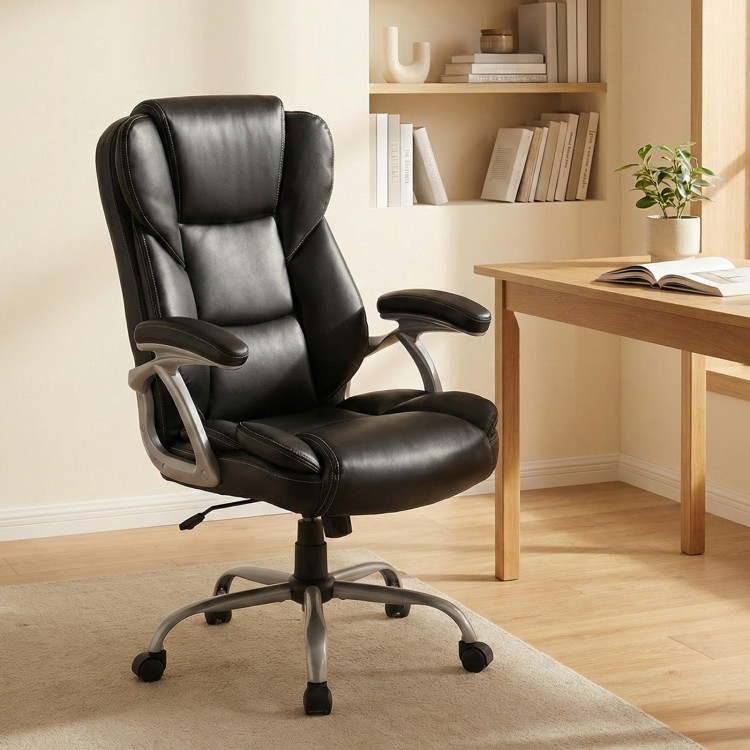 Ergonomic black executive office chair with padded seat and armrests, adjustable height, and 360° swivel for comfort.