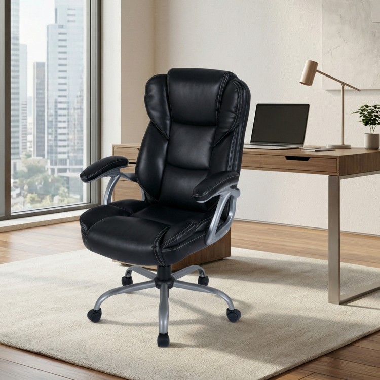 Ergonomic black leather executive office chair with padded seat and armrests, adjustable height, and 360° swivel for.