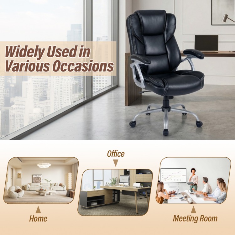 Executive office chair in black leather with padded seat and armrests, ideal for home, office, or meeting room use.