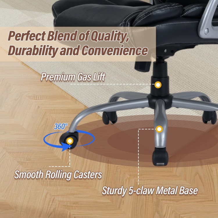 Ergonomic black executive office chair with padded seat, 360° swivel, and smooth rolling casters for versatile use.