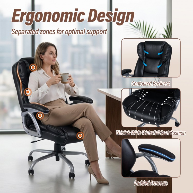 Executive office chair with ergonomic design, contoured backrest, and padded armrests for optimal support and comfort.