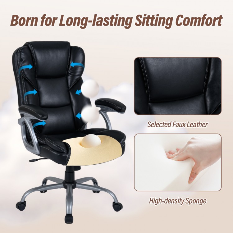 Executive office chair in black faux leather with padded seat, adjustable backrest, and armrests for ergonomic comfort.