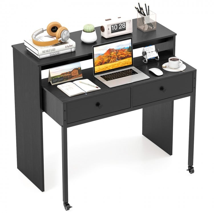Extendable black computer desk with two storage drawers, monitor shelf, and lockable wheels for home office use.