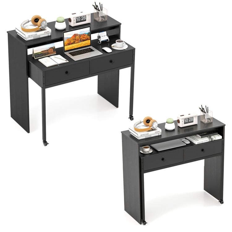 Extendable black computer desk with 2 storage drawers, monitor shelf, and lockable wheels for versatile home office use.