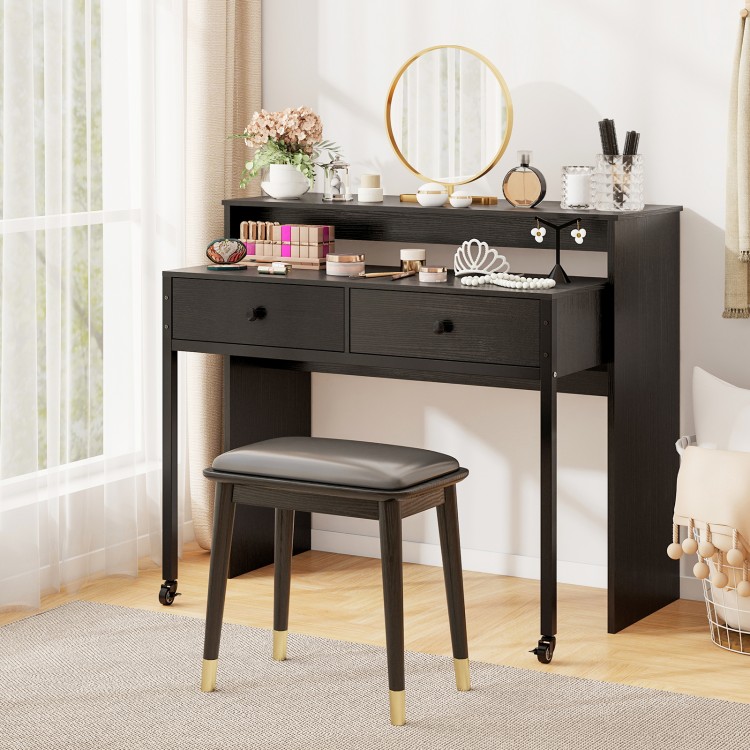 Black extendable computer desk with 2 storage drawers and lockable wheels, perfect for home office or vanity use.