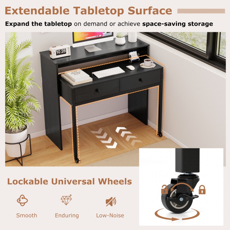 Extendable black computer desk with lockable wheels, two storage drawers, and a smooth tabletop for versatile use.