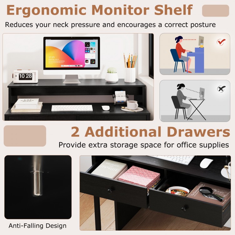 Extendable black computer desk with 2 storage drawers, ergonomic monitor shelf, and lockable wheels for versatile use.