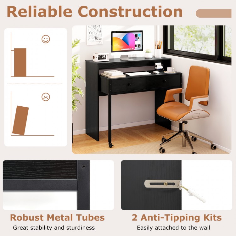 Extendable black computer desk with 2 storage drawers, robust metal tubes, and anti-tipping kits for home office use.