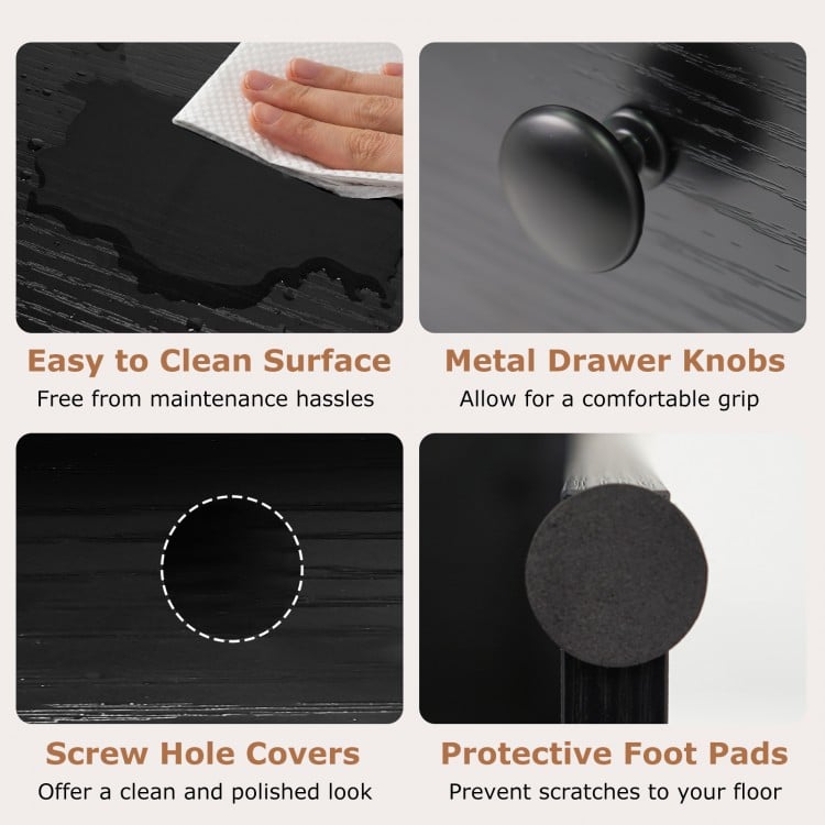 Close-up of the extendable computer desk's metal drawer knobs and protective foot pads for stability and floor.