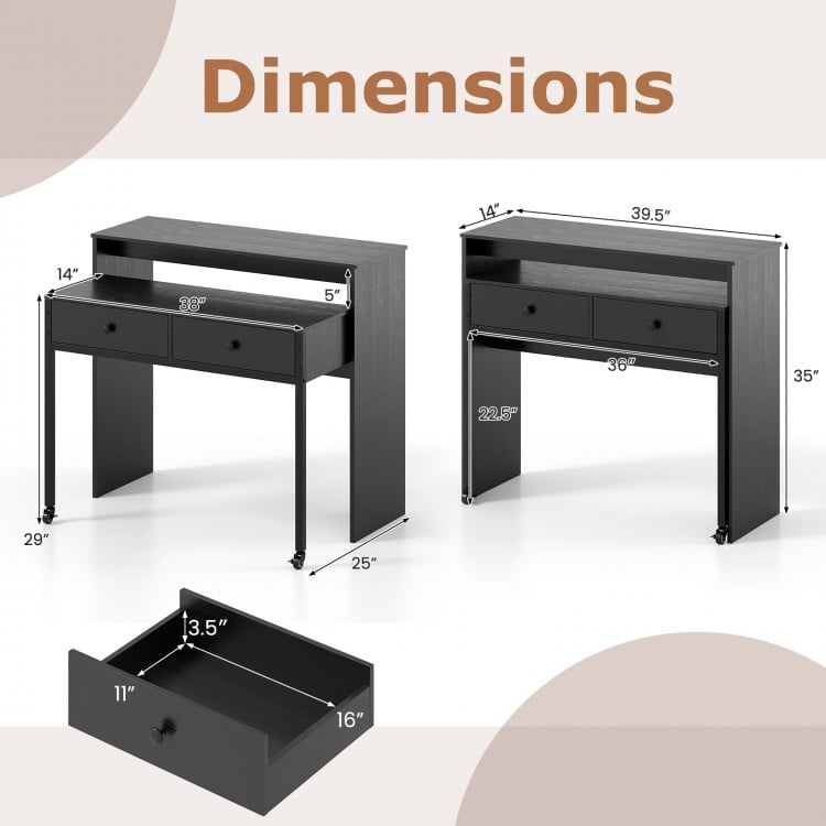Dimensions of the black extendable computer desk with 2 storage drawers, showcasing its versatile design for home.
