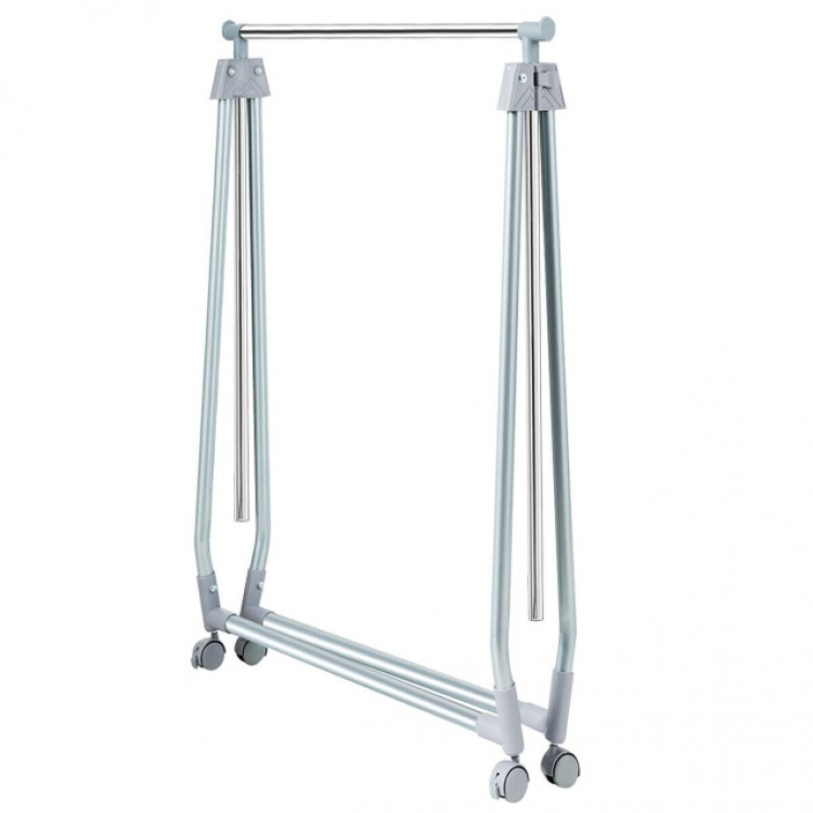 Extendable foldable heavy-duty clothing rack with adjustable height and wheels for easy mobility and stable support.