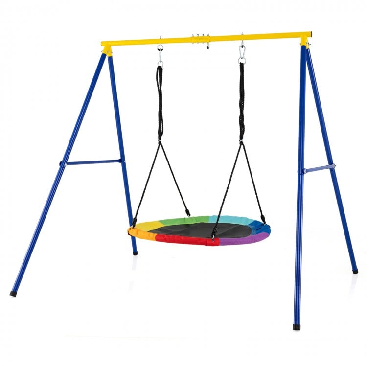 Extra large heavy-duty A-frame steel swing stand with a colorful circular swing, ideal for indoor and outdoor use.