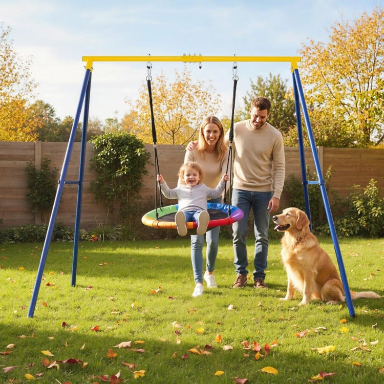 Extra large heavy duty A-frame steel swing stand with a child swinging, ideal for outdoor use and various swing types.