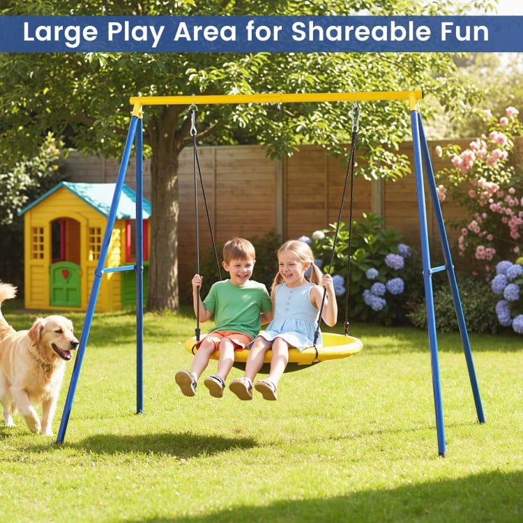 Extra large heavy duty A-frame steel swing stand with two children swinging, suitable for various swing types outdoors.