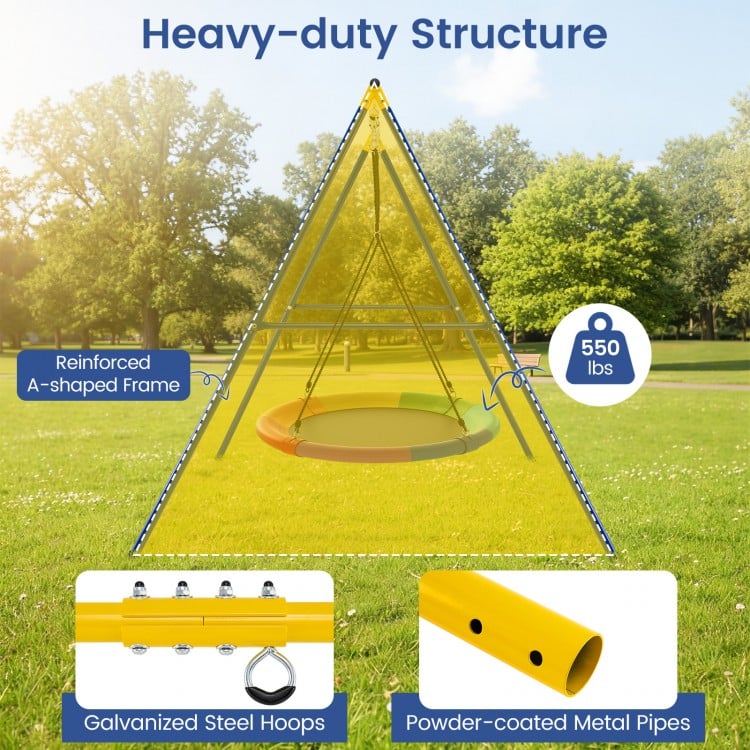 Extra large heavy-duty A-frame steel swing stand with galvanized hoops and powder-coated pipes for indoor and outdoor.