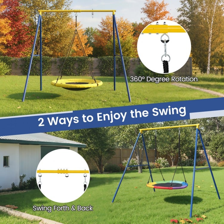 Extra large heavy duty A-frame steel swing stand with 360° rotation, suitable for various swings, ideal for outdoor use.