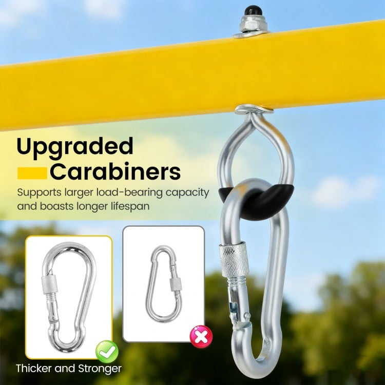 Close-up of upgraded carabiner for heavy-duty A-frame swing stand, featuring thicker design for enhanced load capacity.