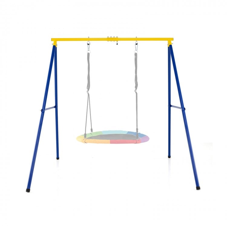 Extra large heavy duty A-frame steel swing stand with a colorful swing, ideal for indoor and outdoor use.