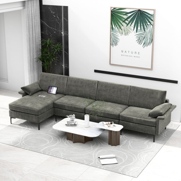 Extra large gray L-shaped sectional sofa with reversible chaise and USB ports, perfect for 4-5 people in modern living.