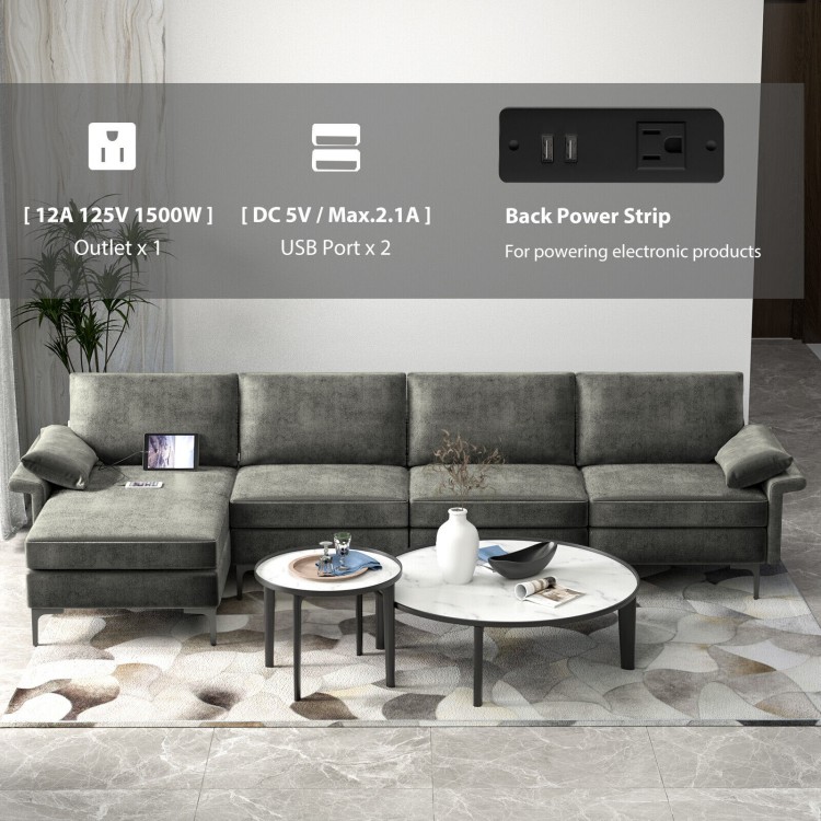 Detail view of the gray L-shaped sectional sofa highlighting USB ports and back power strip for convenient charging.