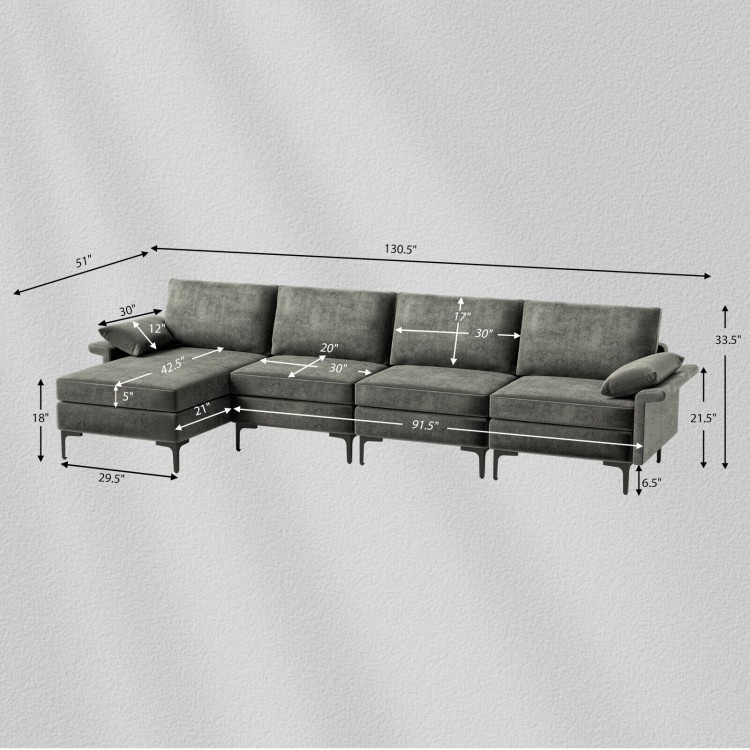 Extra large gray L-shaped sectional sofa with reversible chaise, USB ports, and ergonomic backrest for modern living.