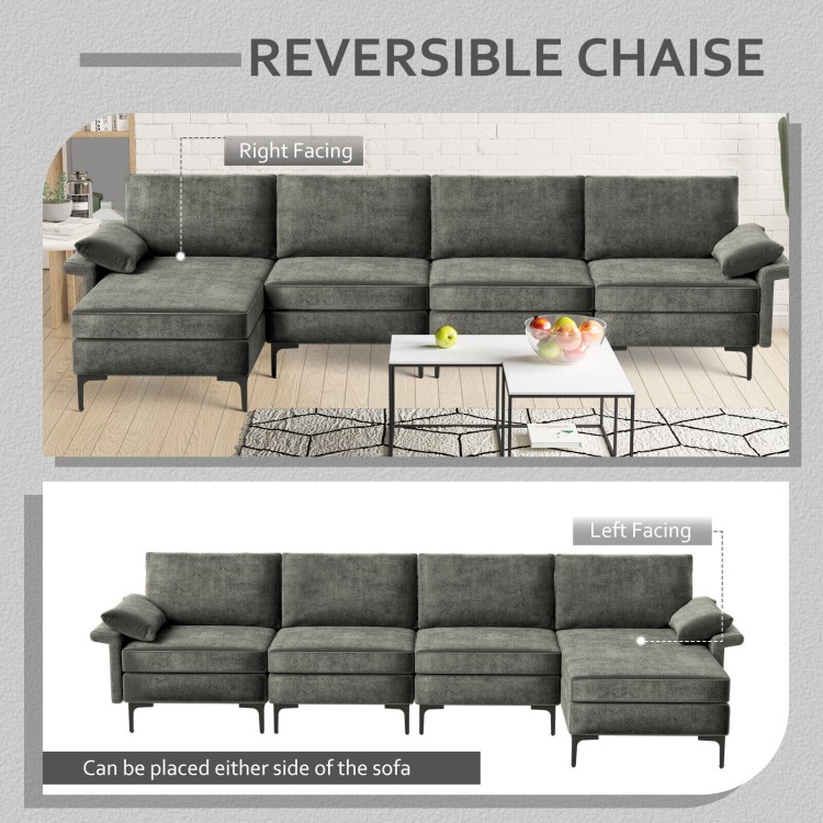 L-shaped sectional sofa in gray with reversible chaise, USB ports, and hidden storage for versatile living room use.