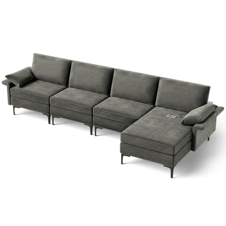 Extra large gray L-shaped sectional sofa with reversible chaise, USB ports, and hidden storage for modern living rooms.