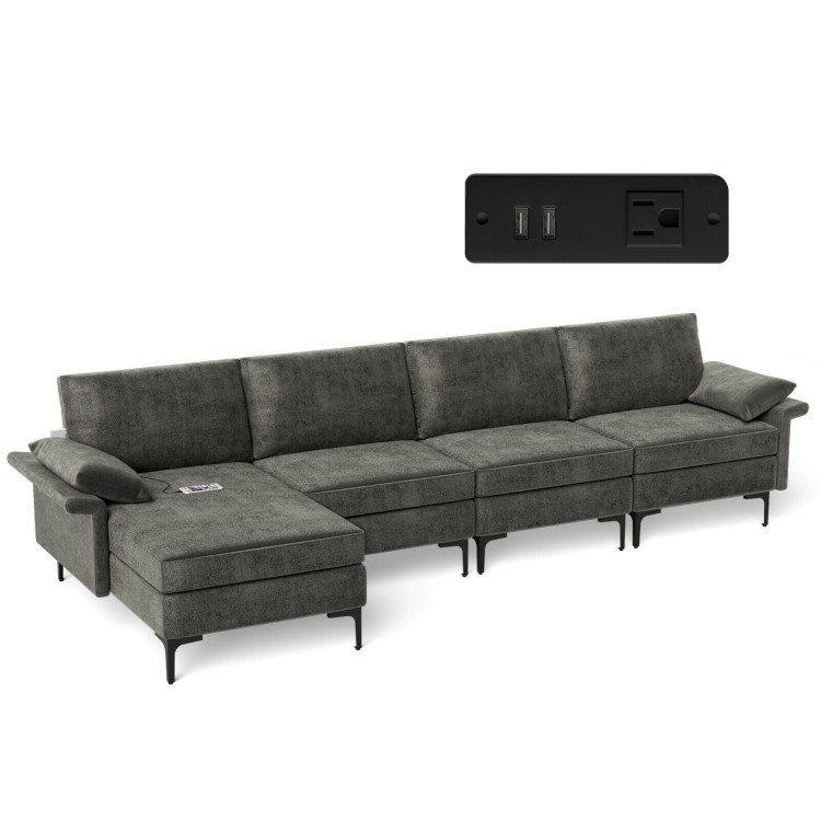 Extra large gray L-shaped sectional sofa with reversible chaise and 2 USB ports, perfect for 4-5 people.