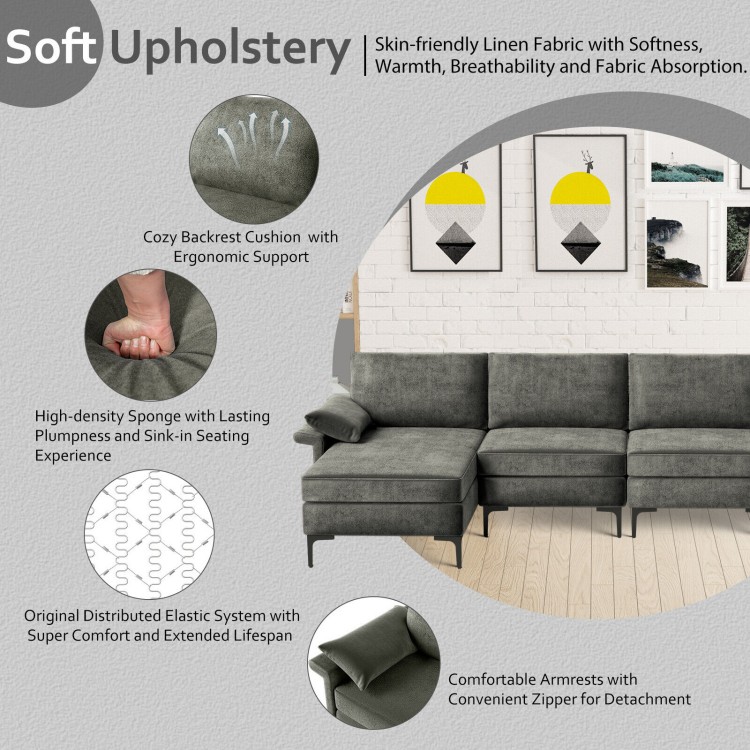 Extra large L-shaped sectional sofa in gray with reversible chaise, USB ports, and soft linen upholstery for comfort.