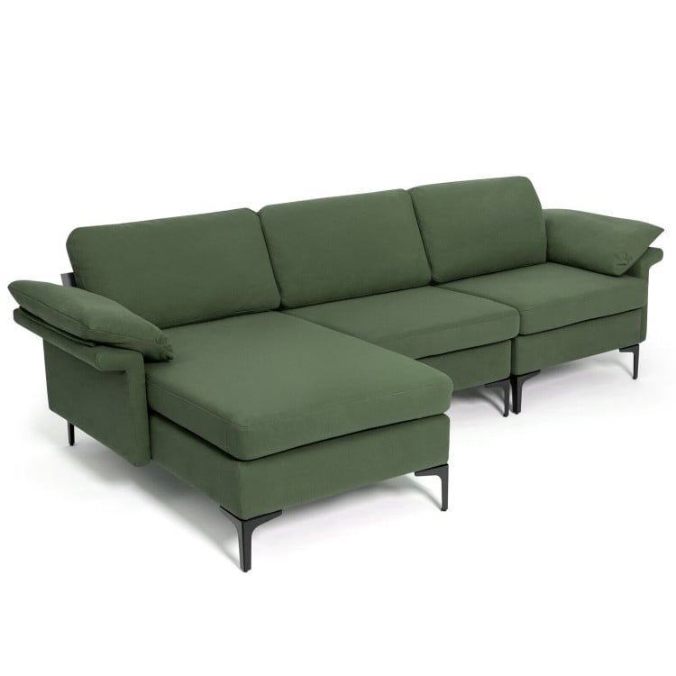 Extra large L-shaped sectional sofa in army green with reversible chaise, USB ports, and hidden storage for versatile.