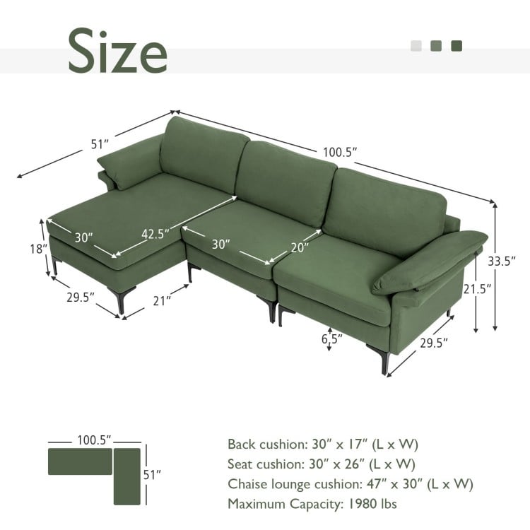 Dimensions chart of the extra large modular L-shaped sectional sofa in army green, showcasing its spacious design and.