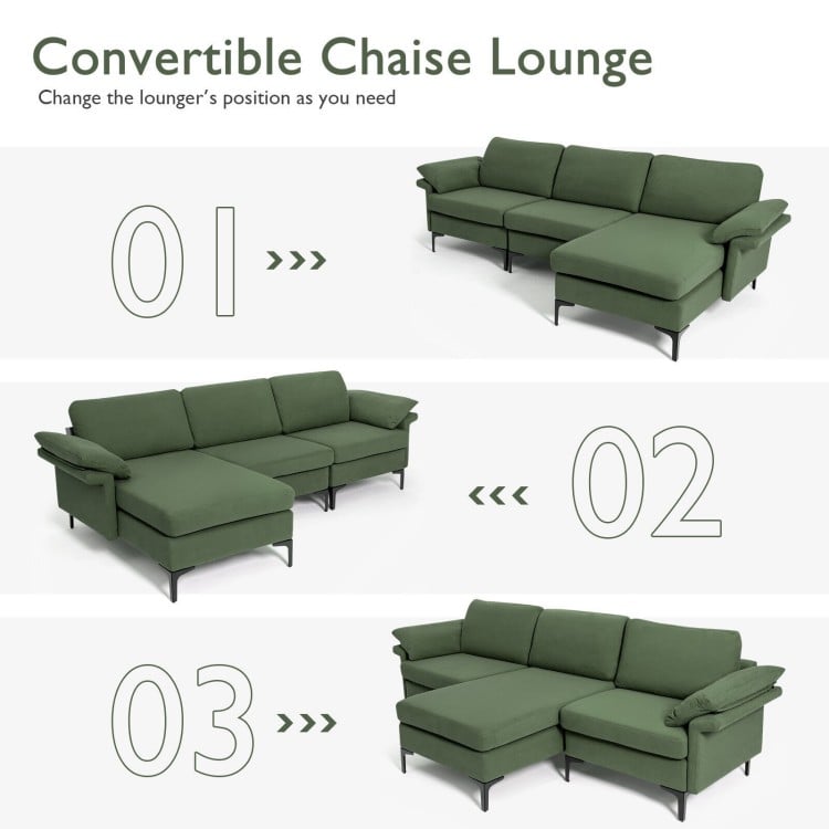 L-shaped modular sectional sofa in army green with reversible chaise, featuring hidden storage and charging ports for.