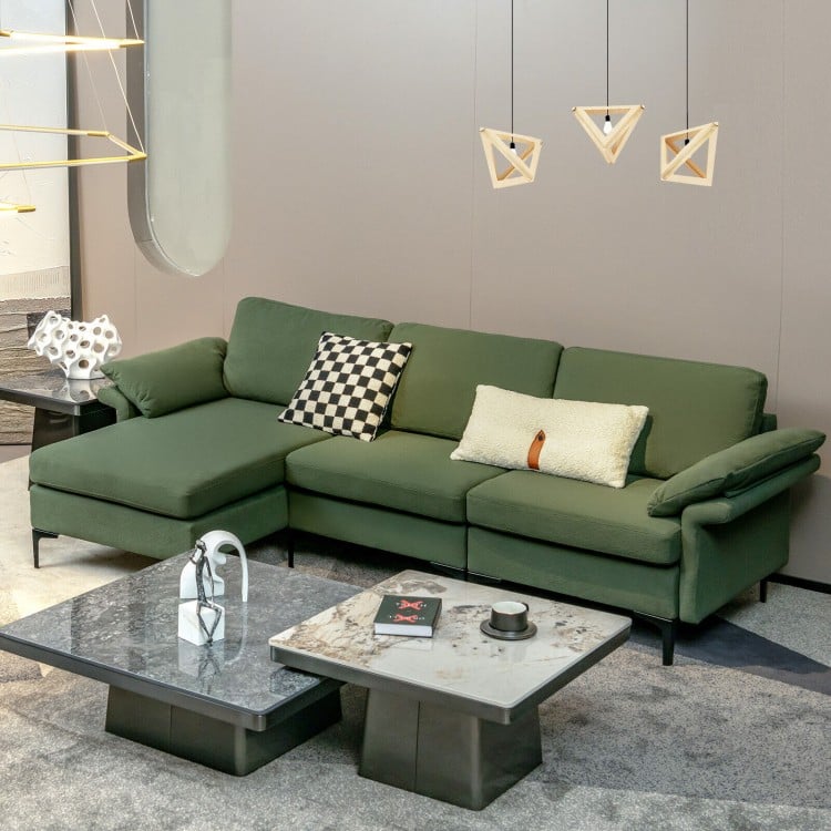 L-shaped army green sectional sofa with reversible chaise, USB ports, and hidden storage for versatile living room use.