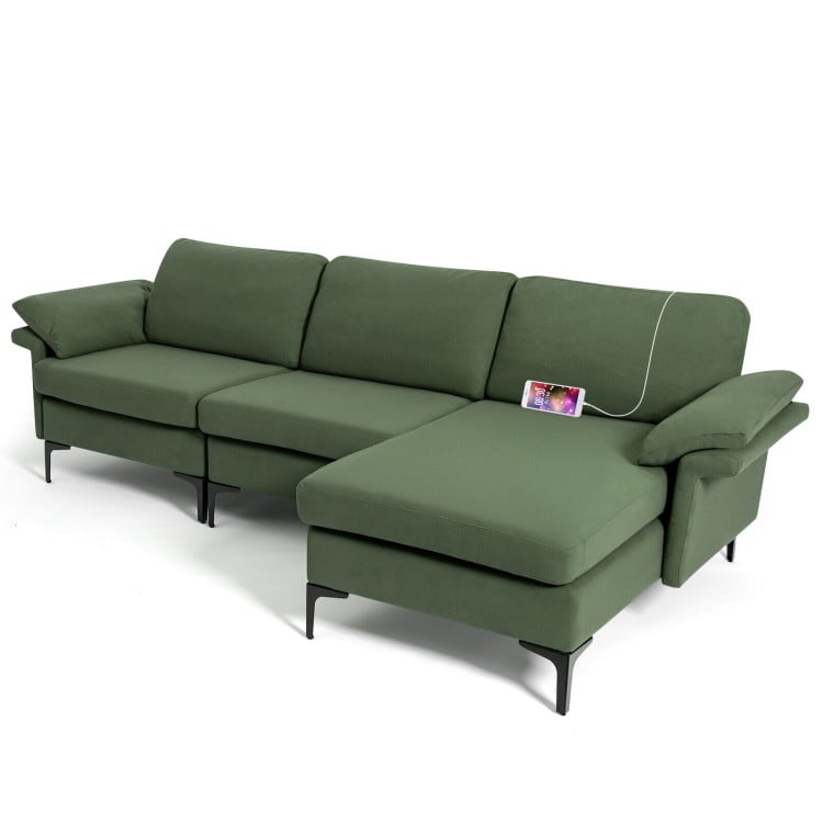 Extra large L-shaped sectional sofa in army green with reversible chaise, USB charging, and hidden storage for.