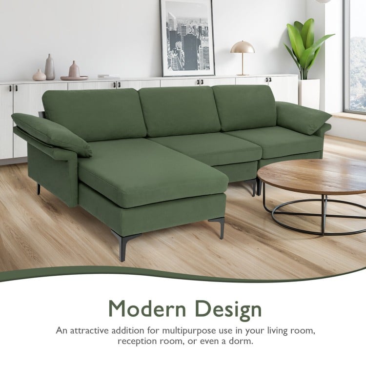 Extra large L-shaped sectional sofa in army green with reversible chaise, ideal for living rooms or dorms.