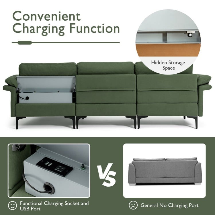 Extra large L-shaped sectional sofa in army green with reversible chaise, USB port, and hidden storage for convenience.