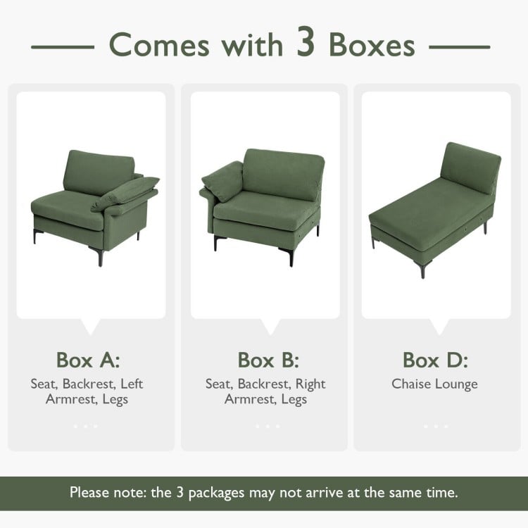 Extra large army green modular L-shaped sectional sofa with reversible chaise, includes three boxes for easy assembly.