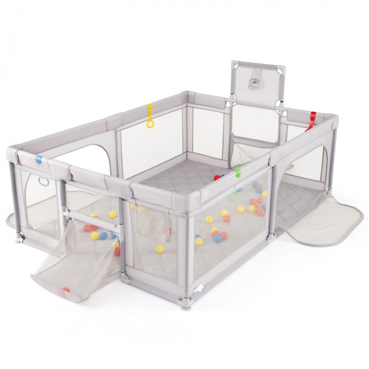 Extra large light gray playpen with basketball hoop, mesh sides, and 50 ocean balls for safe toddler play.